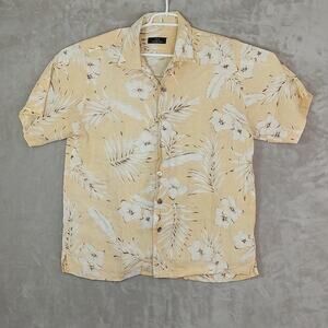 Jim Thompson Men's Large Yellow Linen Hawaiian Resort Camp Shirt Tropical Floral